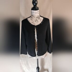 Roz & Ali Black Knit Open Front Cropped Cardigan w/Jewel Embellishments.…